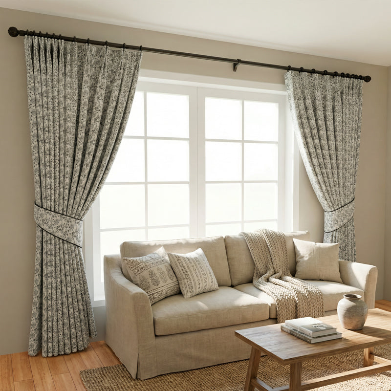 French Vintage Black & Ivory Floral Curtain